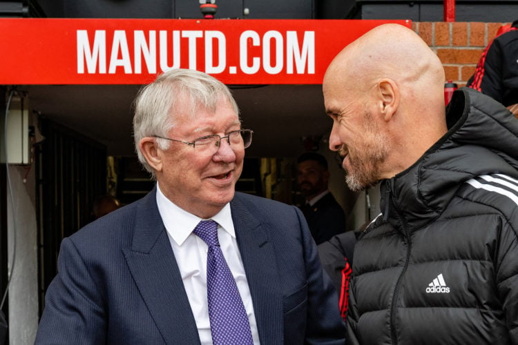 Former Manager Sir Alex Ferguson shakes hands with Manager Erik ten Hag of Manchester United  ahead of the Premier League match between Manchester ...