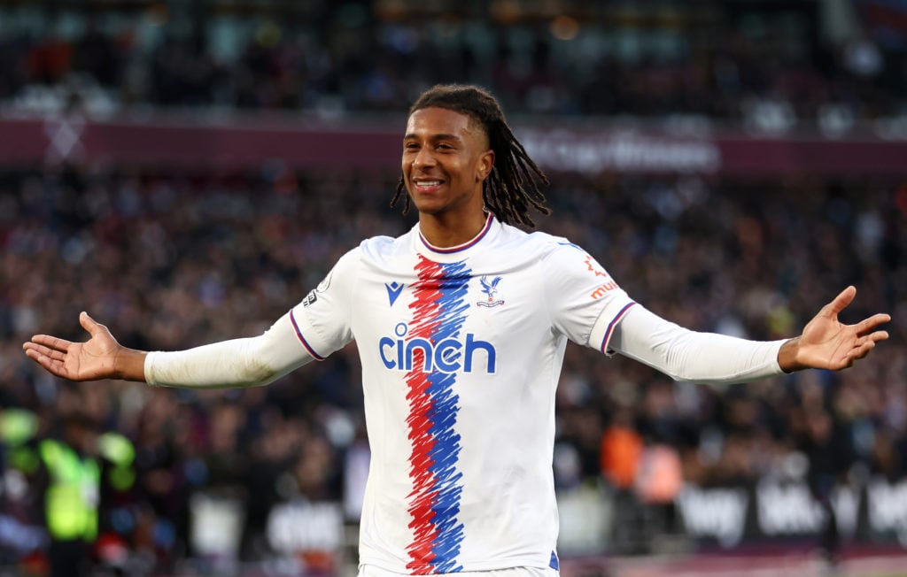 Michael Olise of Crystal Palace celebrates after scoring their team's second goal during the Premier League match between West Ham United and Cryst...