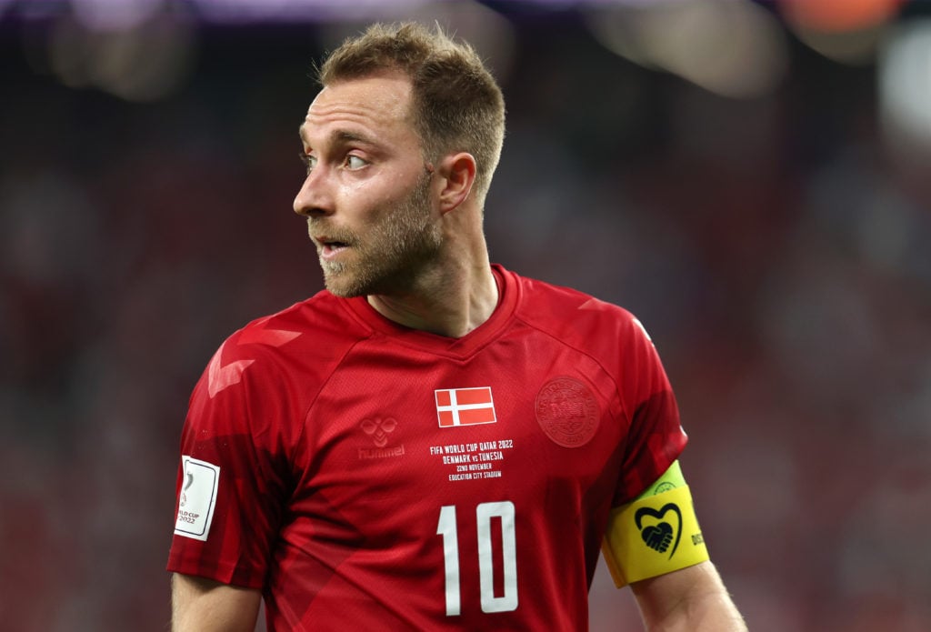 Christian Eriksen of Denmark looks on during the FIFA World Cup Qatar 2022 Group D match between Denmark and Tunisia at Education City Stadium on N...