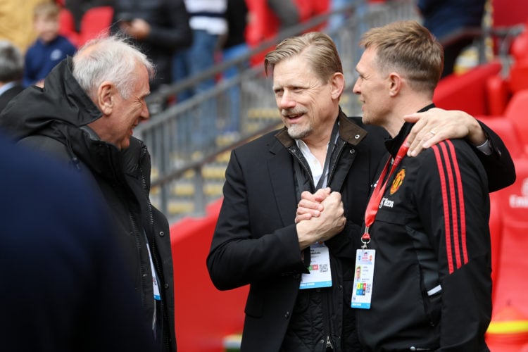 Former Manchester United players Peter Schmeichel and Darren Fletcher talk prior to the Emirates FA Cup Semi Final match between Brighton & Hov...