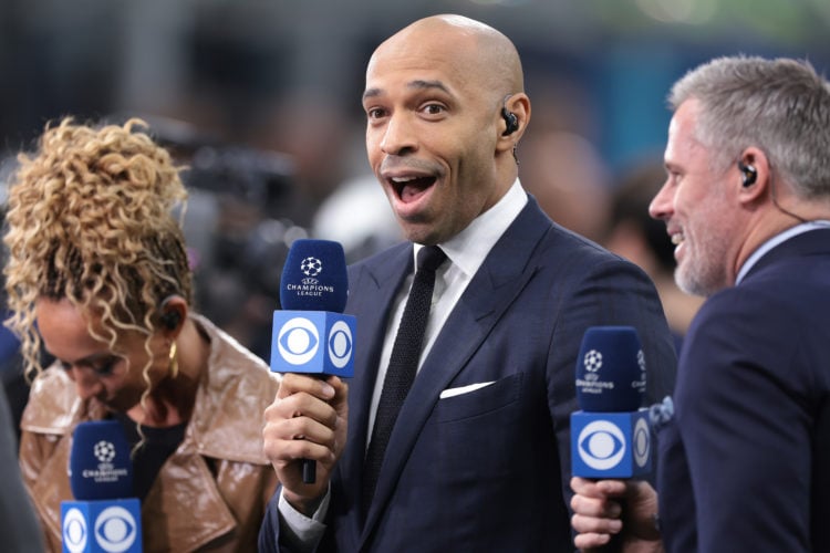 Former footballer Theirry Henry reacts as he comments on the touchline for CBS Sports Network and Paramount+ prior to the UEFA Champions League sem...