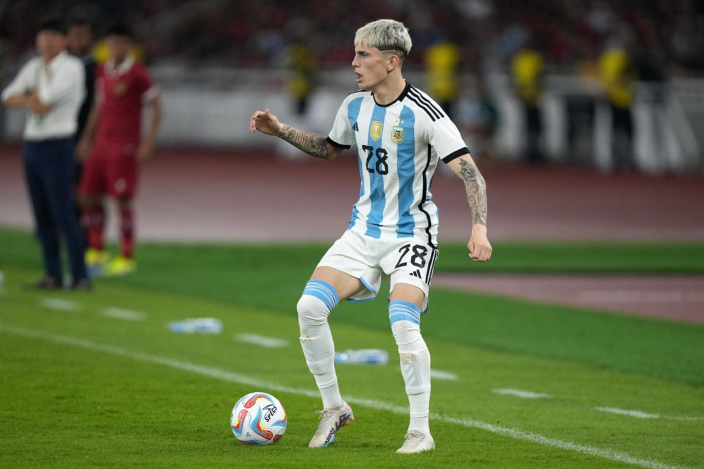 Alejandro Garnacho of Argentina in action during the international friendly between Indonesia and Argentina at Gelora Bung Karno Stadium on June 19...