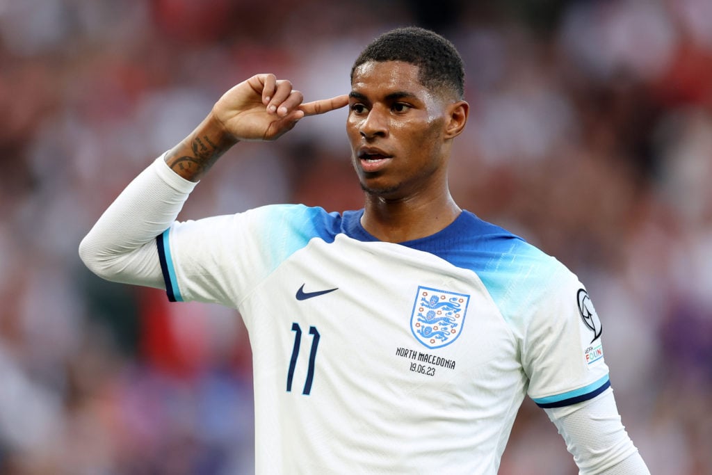 Marcus Rashford of England celebrates after scoring the team's third goal during the UEFA EURO 2024 qualifying round group C match between England ...