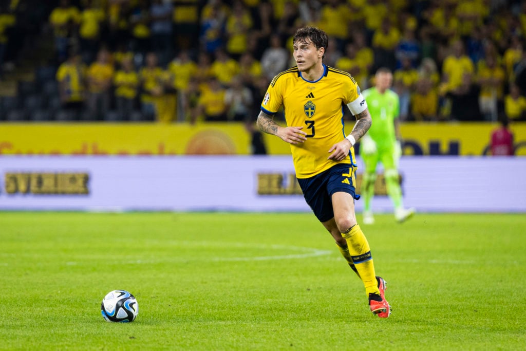 Victor Lindelof of Sweden drives the ball during the UEFA EURO 2024 European qualifier match between Sweden and Austria at  on September 12, 2023 i...