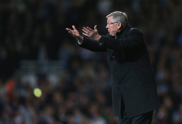 Manager Sir Alex Ferguson of Manchester United shouts instructions from the touchline during the Barclays Premier League match between West Ham Uni...