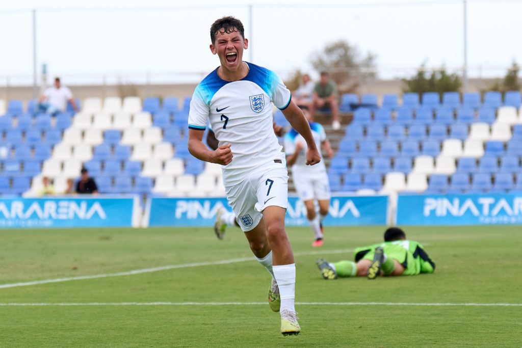 Shea Lacey of England celebrates after scoring the team's first goal during the International Friendly match between England U17 and Spain U17 at P...