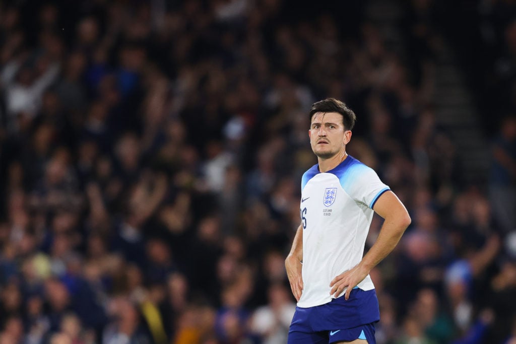 Harry Maguire of England during the 150th Anniversary Heritage Match between Scotland and England at Hampden Park on September 12, 2023 in Glasgow,...