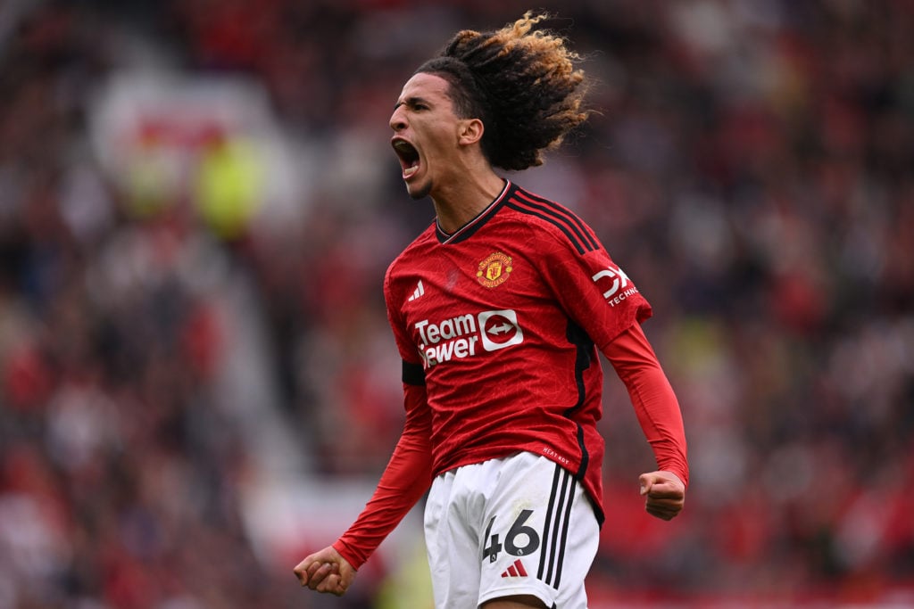 Manchester United's Hannibal Mejbri celebrates after scoring the first goal during the Premier League match between Manchester United and...