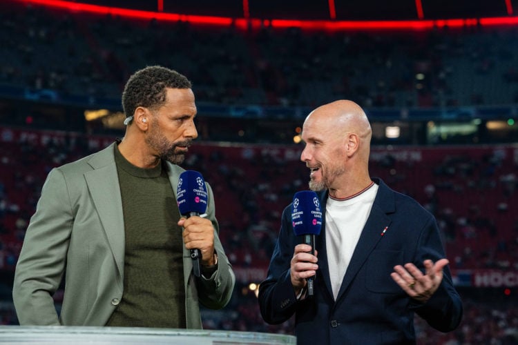 Manager Erik ten Hag of Manchester United gives a pre-match interview with TNT pundit and former Manchester United player, Rio Ferdinand ahead of t...