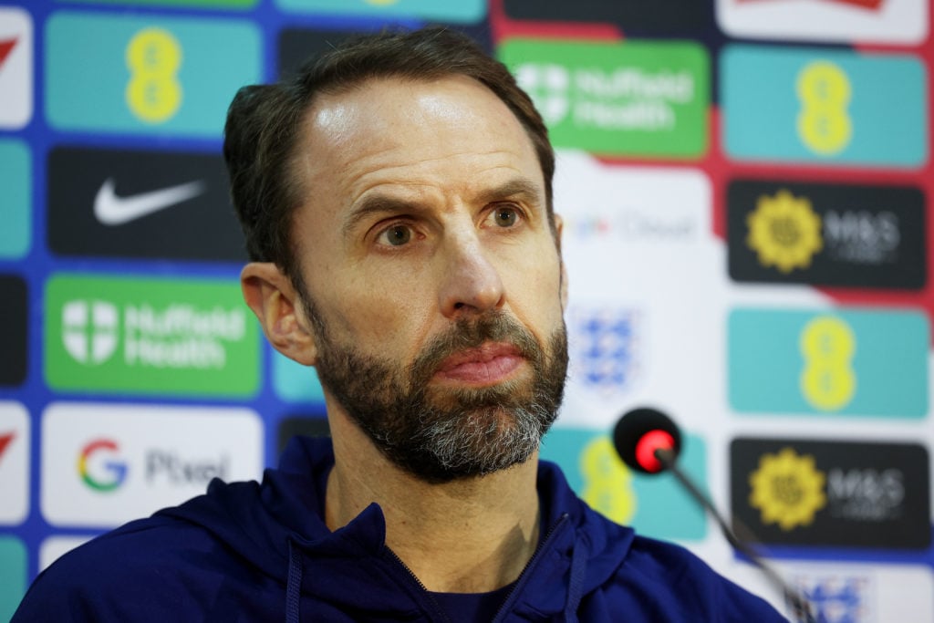 Gareth Southgate, Head Coach of England, speaks to the media during an England Press Conference at National Arena Todor Proeski on November 19, 202...
