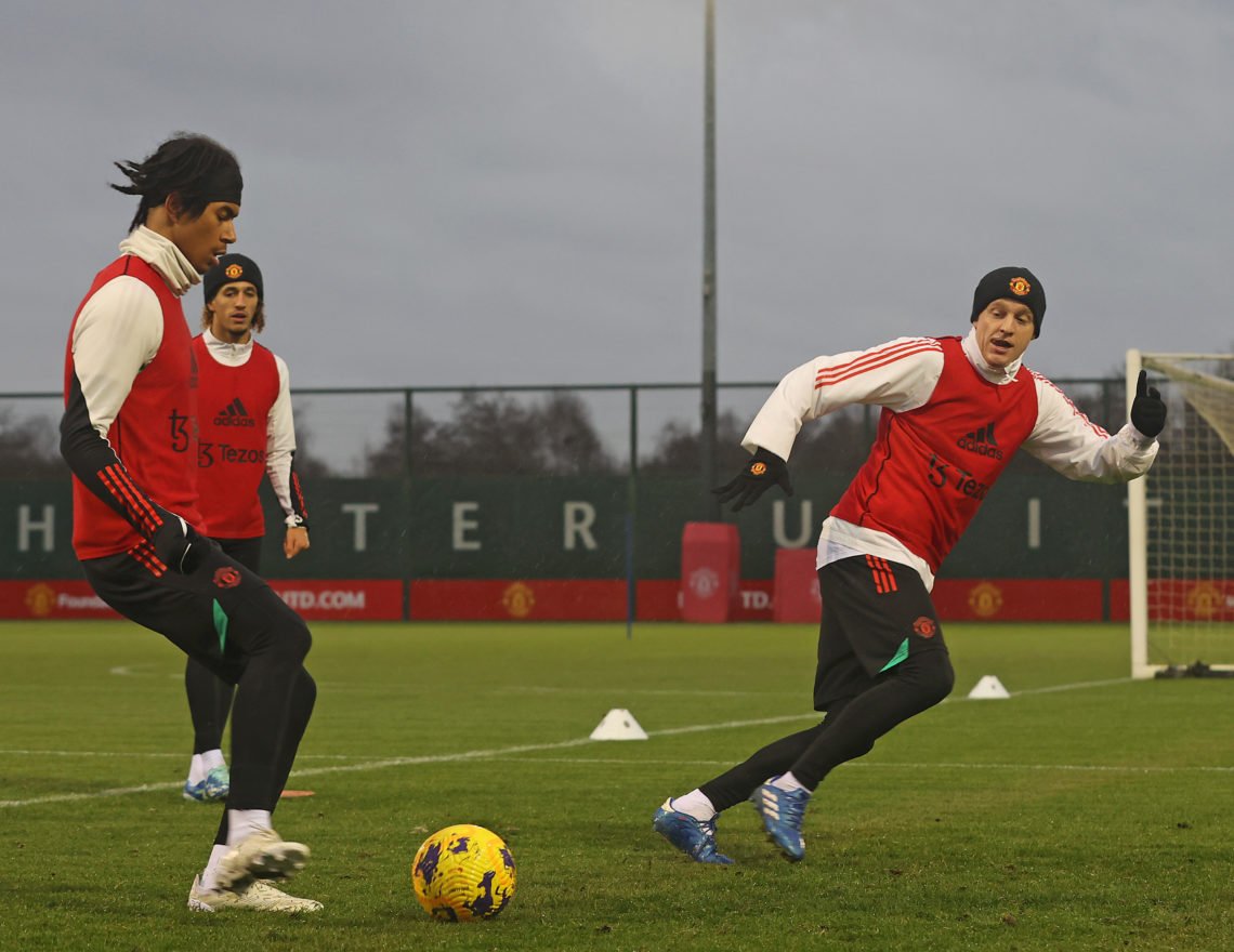 (EXCLUSIVE COVERAGE) Maxi Oyedele, Donny van de Beek of Manchester United in action during a first team training session at Carrington Training Gro...