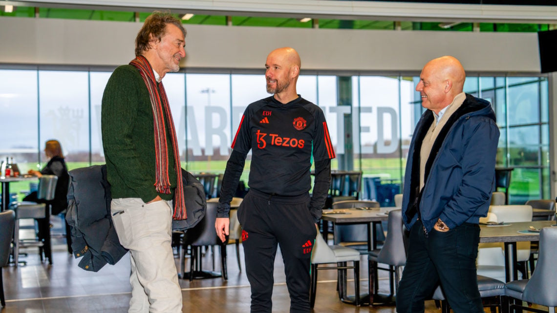 Sir Jim Ratcliffe and Sir Dave Brailsford of INEOS meet Manager Erik ten Hag of Manchester United in the staff restaurant at Carrington Training Co...