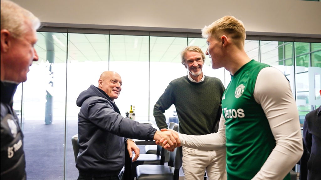 Sir Jim Ratcliffe and Sir Dave Brailsford of INEOS meet Rasmus Hojlund of Manchester United at Carrington Training Complex on January 03, 2024 in M...