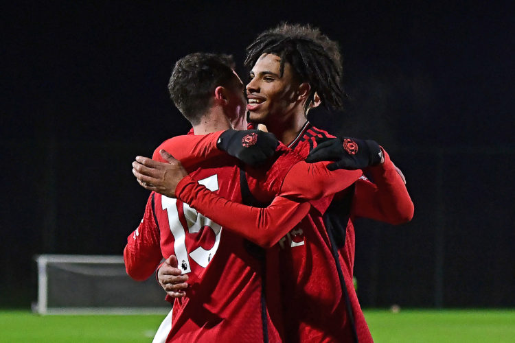 James Scanlon of Manchester United U18s celebrates scoring their fourth goal during the U18 Premier League match between Manchester United U18s and...