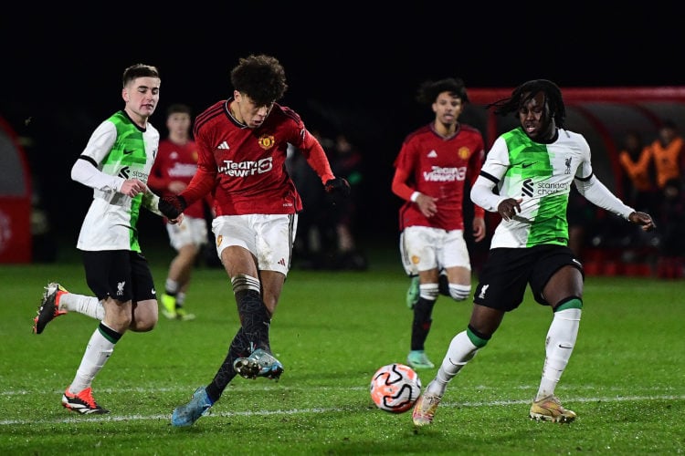 Ethan Wheatley of Manchester United U18s in action during the U18 Premier League match between Manchester United U18s and Liverpool U18s at Carring...