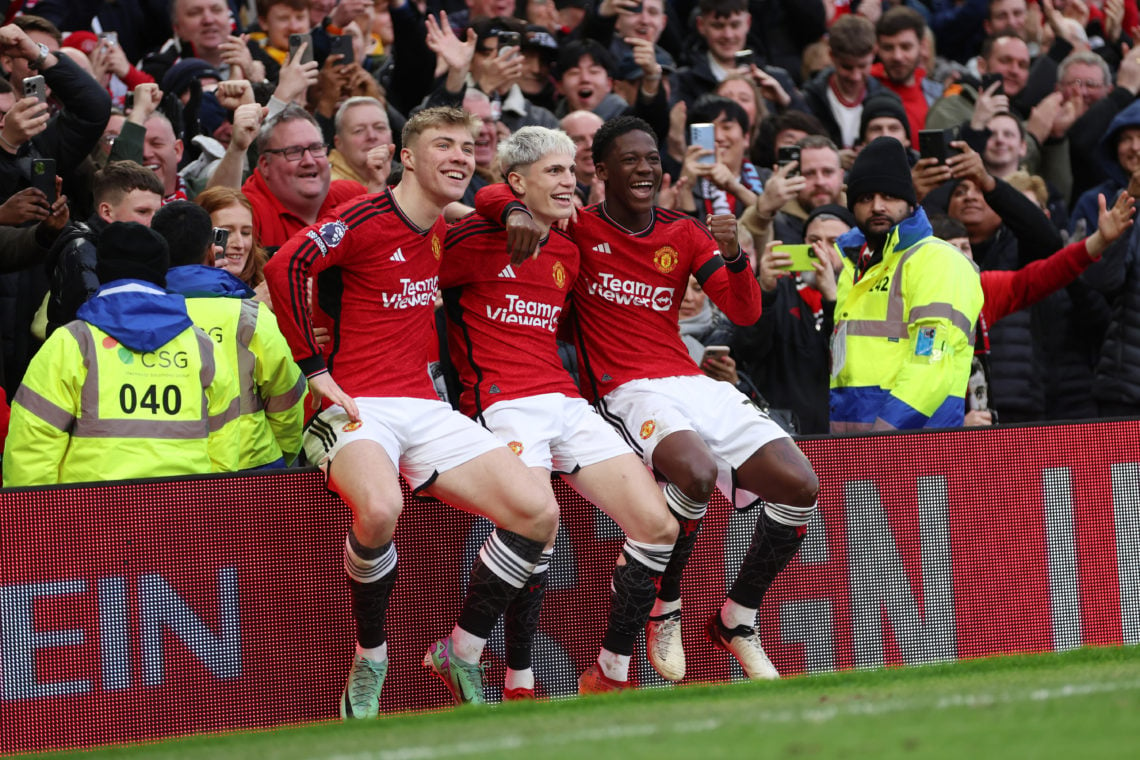 Alejandro Garnacho of Manchester United celebrates with Rasmus Hojlund and Kobbie Mainoo of Manchester United after scoring his team's second goal ...