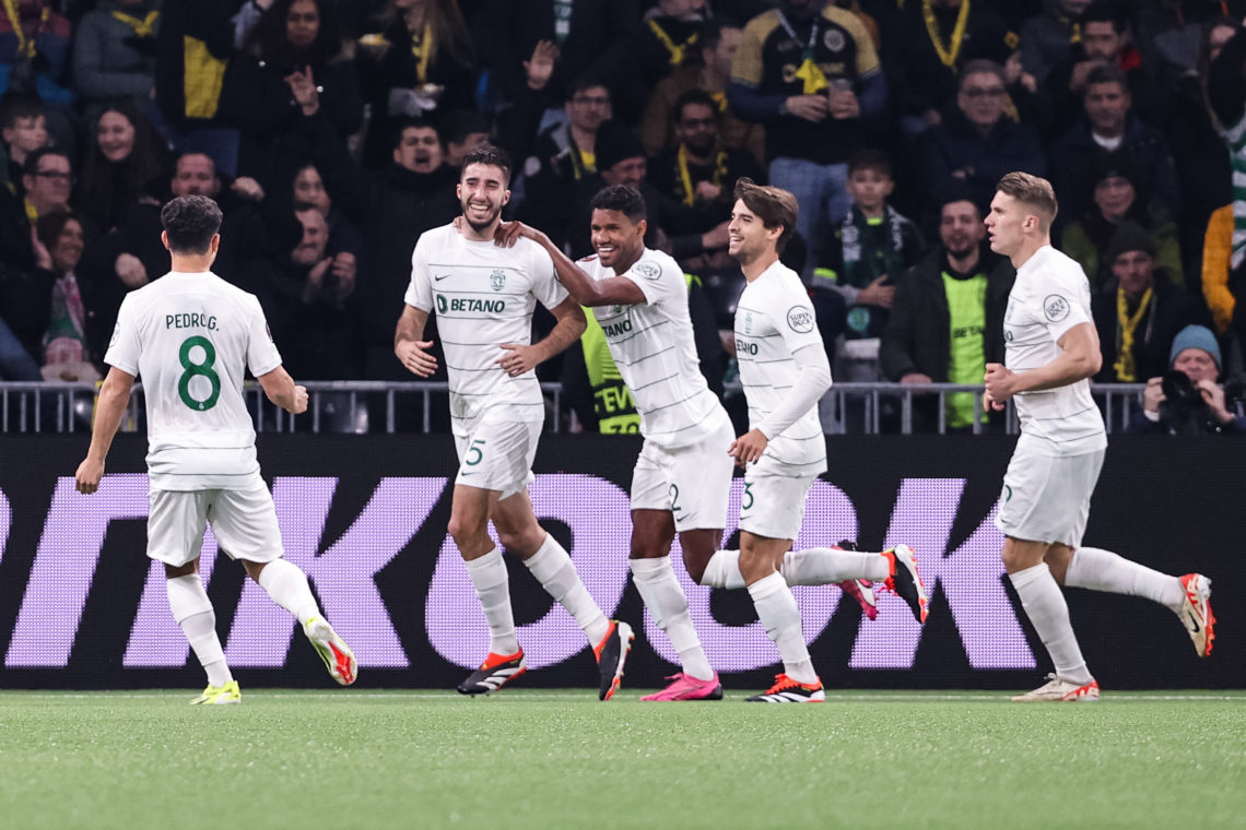 Goncalo Inacio of Sporting CP (R) celebrates his goal during the UEFA Europa League 2023/24 Knockout Round Play-offs First Leg match between BSC Yo...