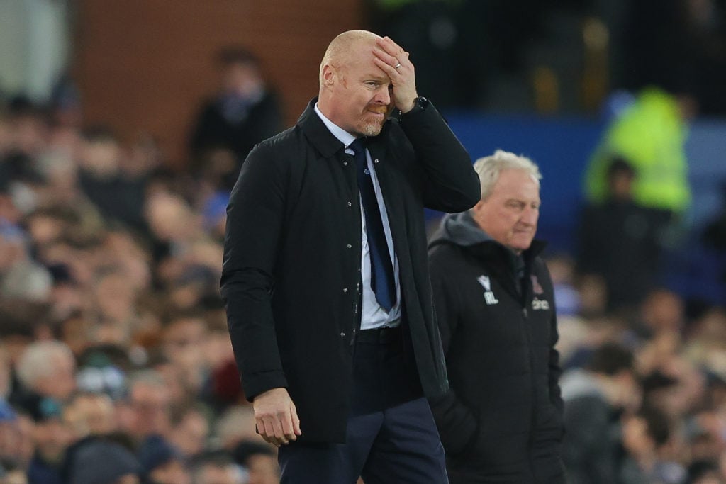 Sean Dyche, manager of Everton, looks dejected during the Premier League match between Everton FC and Crystal Palace at Goodison Park on February 19, 2024