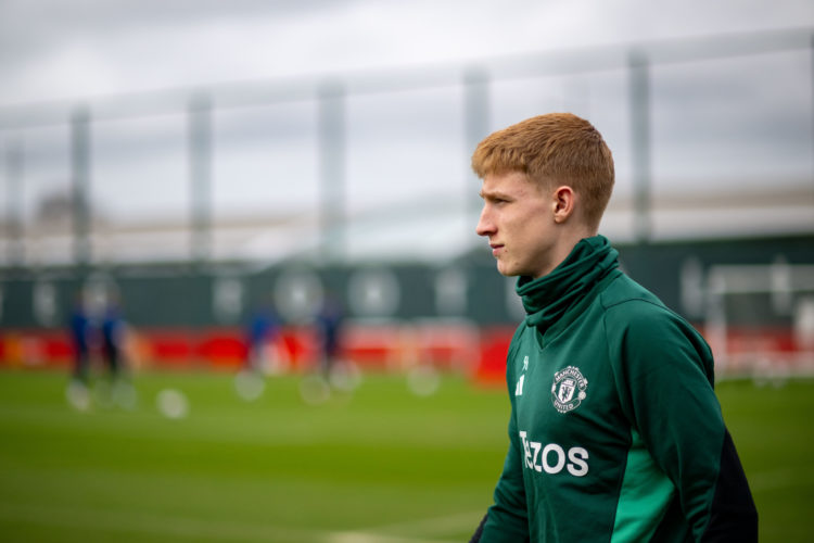 (EXCLUSIVE COVERAGE) Zach Baumann of Manchester United in action during a first team training session at Carrington Training Ground on February 29,...