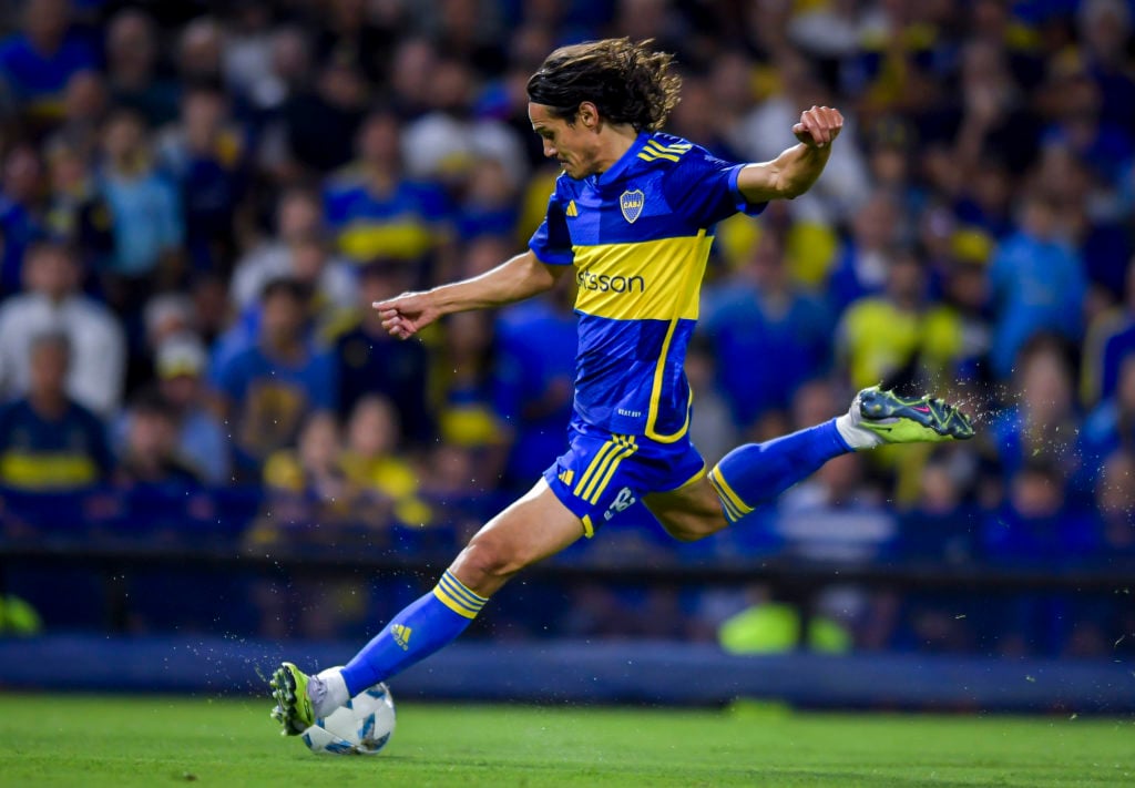 Edinson Cavani of Boca Juniors kicks the ball during a Copa de la Liga 2024 group B match between Boca Juniors and Belgrano at Estadio Alberto J. A...