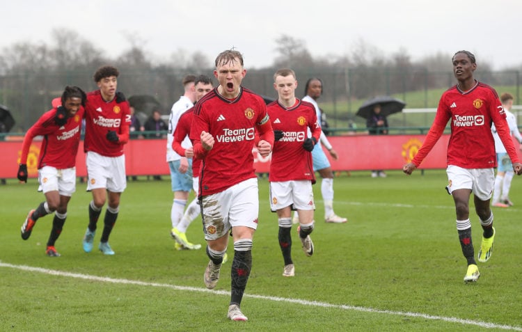 Finlay McAlister of Manchester United U18s celebrates scoring their first goal during the U18 Premier League match between Manchester United U18s a...