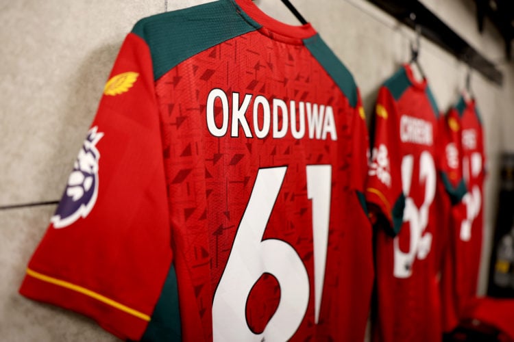 A detailed view of the match shirt of Wesley Okoduwa in the Wolverhampton Wanderers dressing room prior to the Premier League match between Newcast...