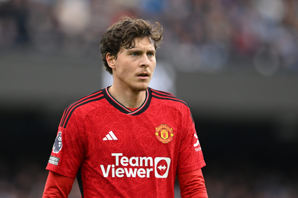 Manchester United's Victor Lindelof watches the Premier League match between Manchester City and Manchester United at the Etihad Stadium on...