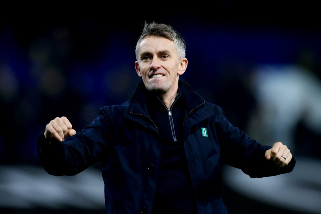 Kieran McKenna, Manager of Ipswich Town, celebrates victory in the Sky Bet Championship match between Ipswich Town and Bristol City at Portman Road...