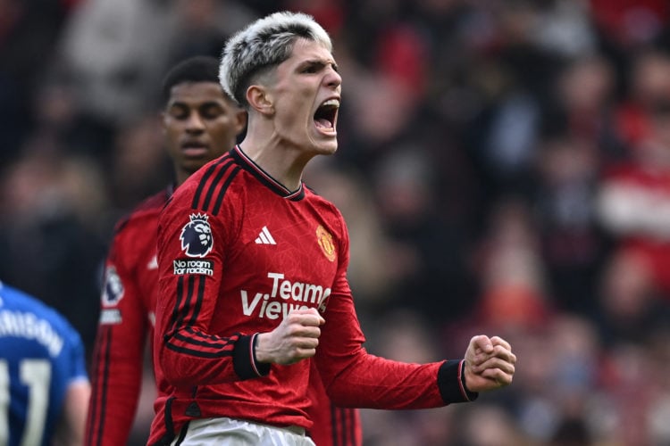 Manchester United's Argentinian midfielder #17 Alejandro Garnacho reacts after winning a second penalty during the English Premier League football ...