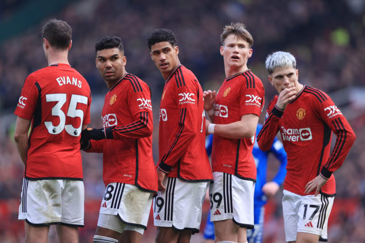 The Manchester United defensive wall consisting of Jonny Evans, Casemiro, Raphael Varane, Scott McTominay and Alejandro Garnacho during the Premier...