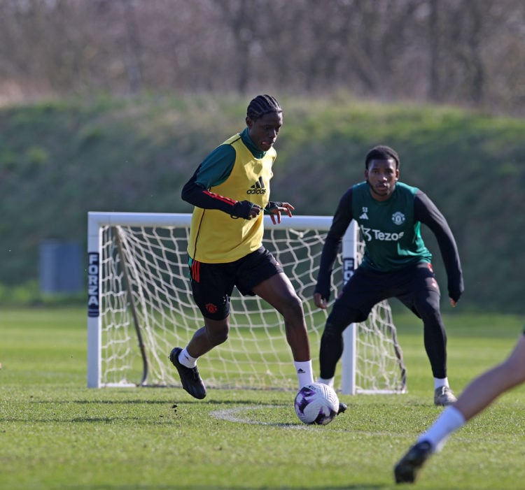 Bendito Mantato of Manchester United in action during a first team training session at Carrington Training Ground on March 06, 2024 in Manchester, ...