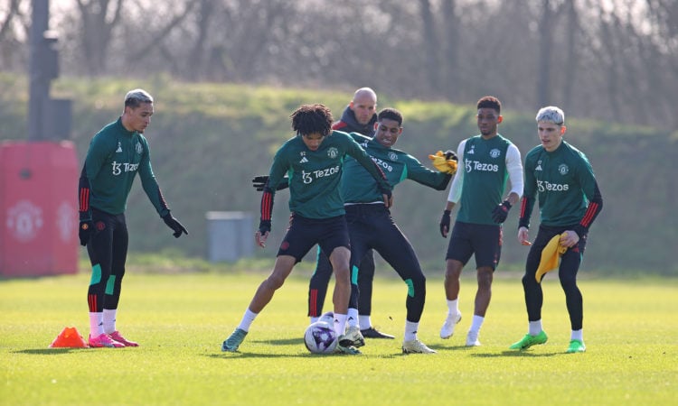 Alejandro Garnacho, Amad, Ethan Wheatley, Scott McTominay and Ethan Williams  of Manchester United in action during a first team training session a...