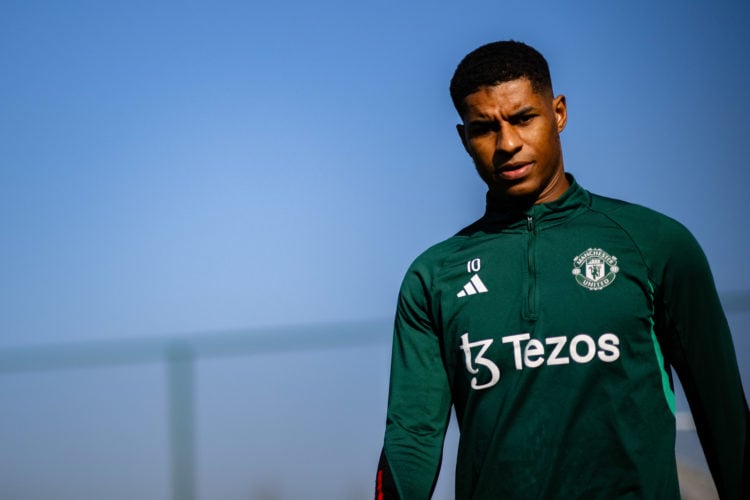 (EXCLUSIVE COVERAGE) Marcus Rashford of Manchester United in action during a first team training session at Carrington Training Ground on March 06,...