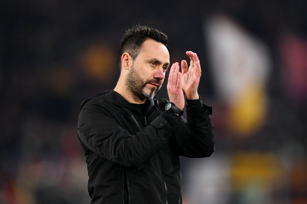 Roberto De Zerbi, Manager of Brighton & Hove Albion, applauds the fans at full-time following the team's defeat in the UEFA Europa League 2023/...