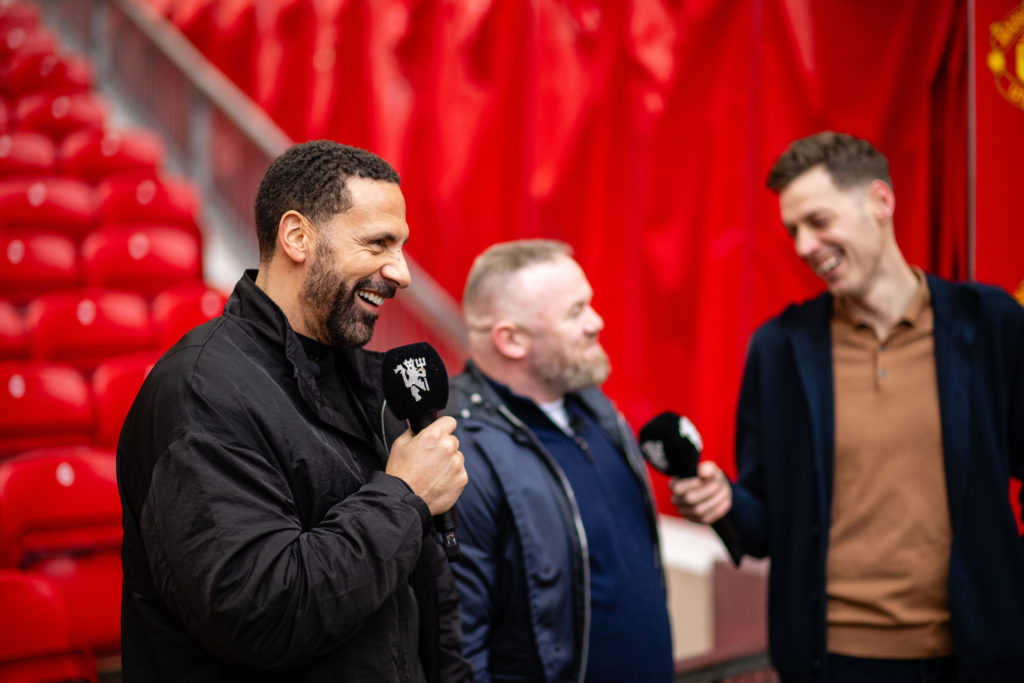 Former Manchester United players Rio Ferdinand and Wayne Rooney take part in a pre-match interview ahead of the Premier League match between Manchester United and Everton at Old Trafford in 2024 in Manchester, England.