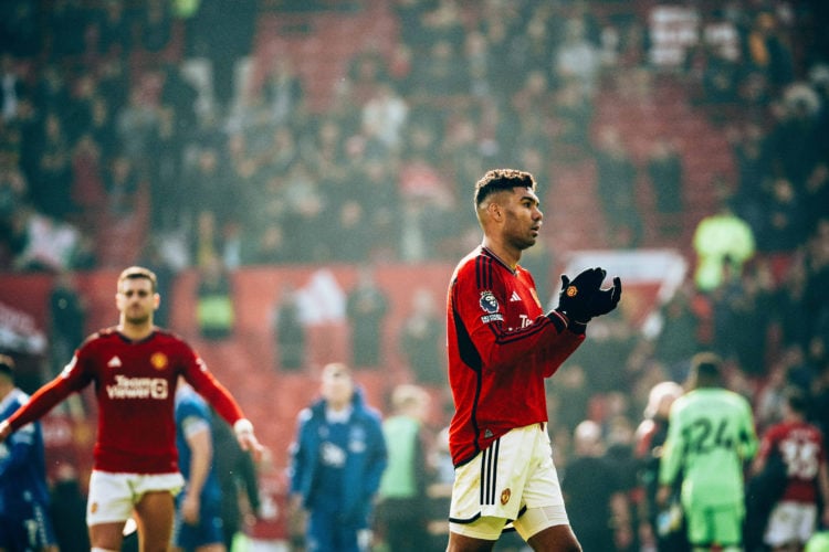 Casemiro of Manchester United applauds the fans after the Premier League match between Manchester United and Everton FC at Old Trafford on March 09...