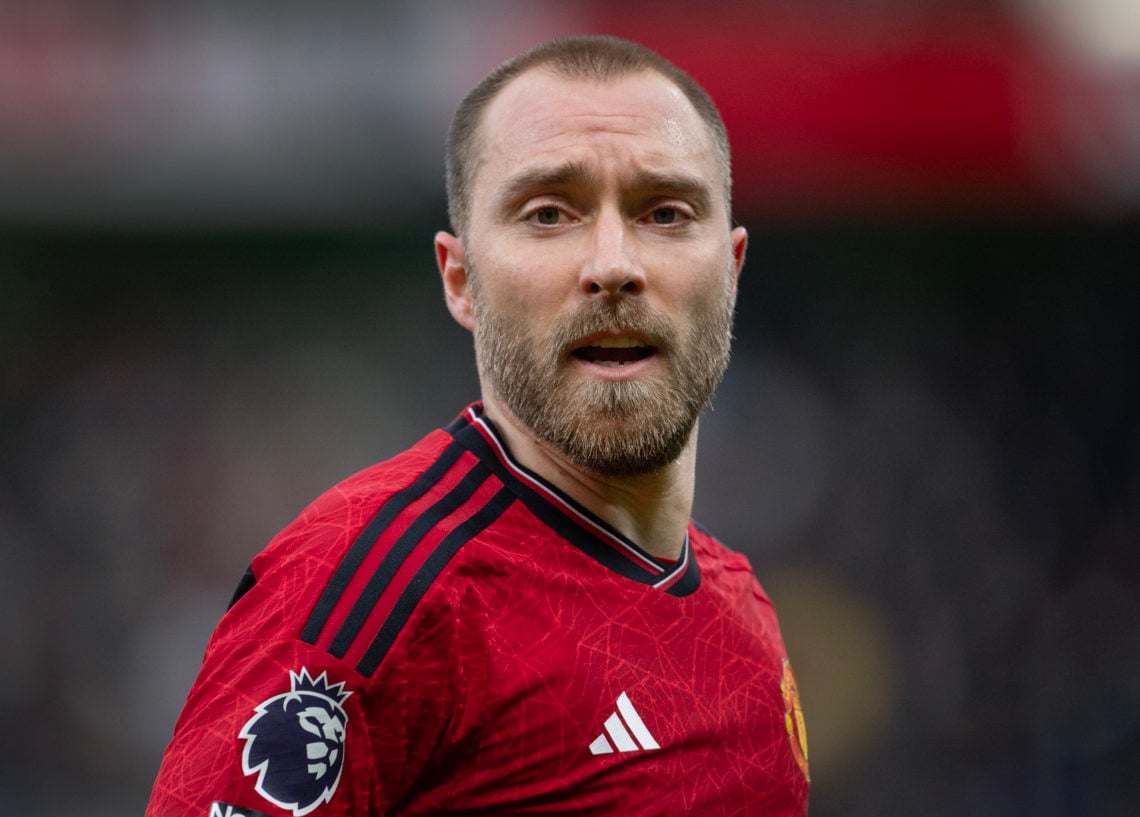 Christian Eriksen of Manchester United during the Premier League match between Manchester United and Fulham FC at Old Trafford on February 24, 2024...