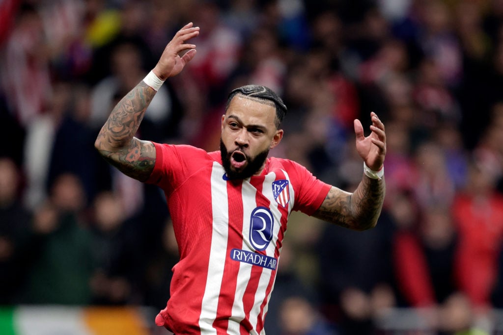 Memphis Depay of Atletico Madrid celebrates during the penalty shoot out  during the UEFA Champions League  match between Atletico Madrid v Interna...