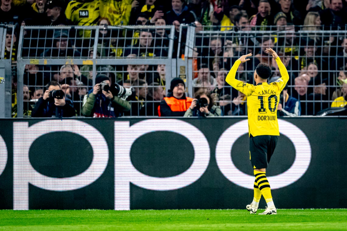 Jadon Sancho of Borussia Dortmund is celebrating a goal during the match between Borussia Dortmund and PSV at the BVB Stadion Dortmund for the Cham...