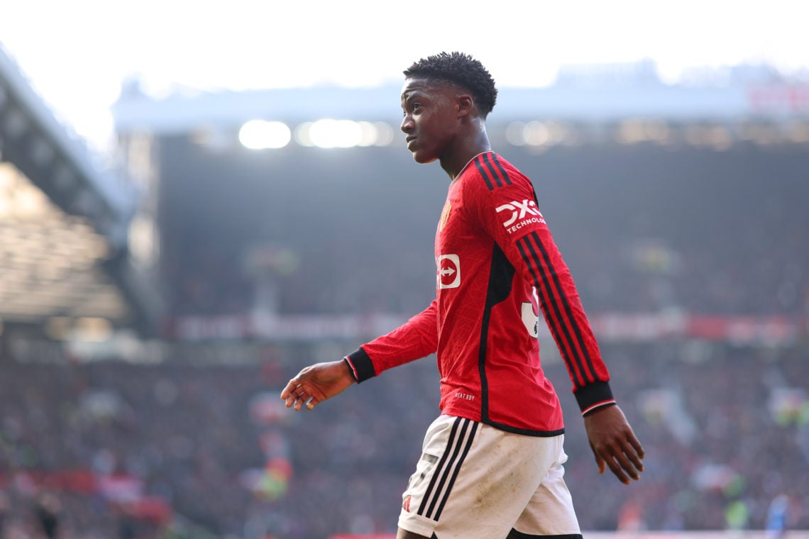 Kobbie Mainoo of Manchester United leaves the pitch after being substituted during the Premier League match between Manchester United and Everton F...