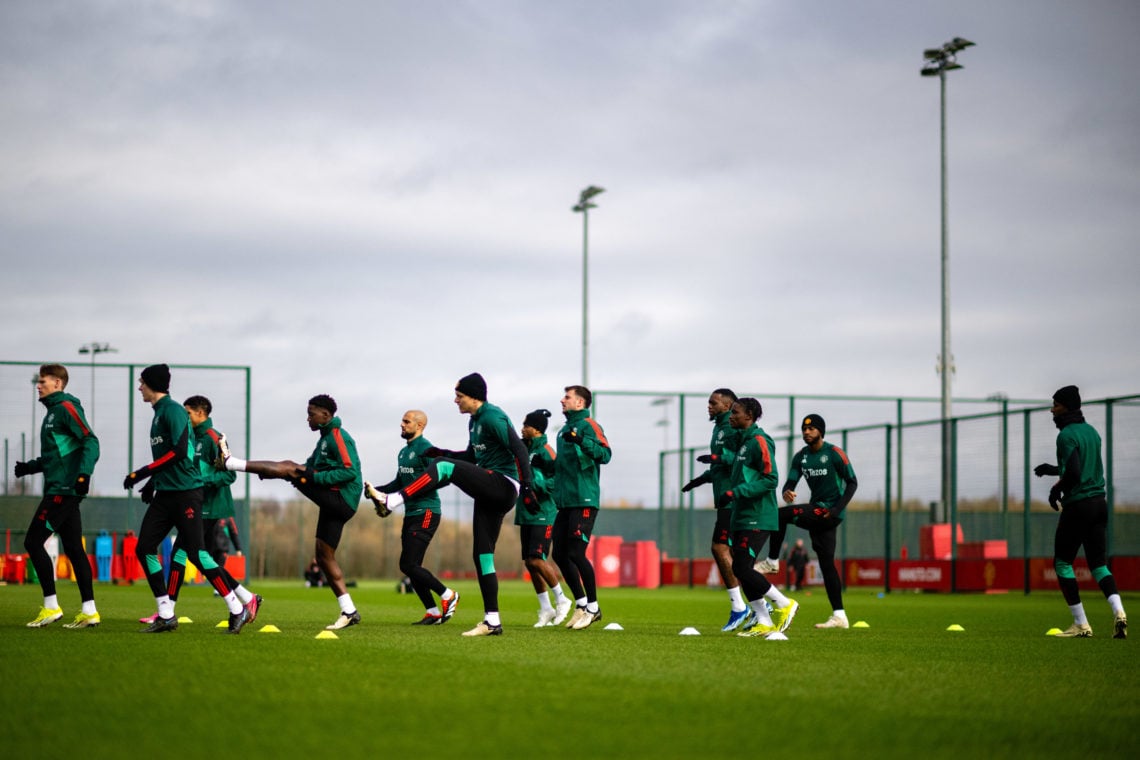 (EXCLUSIVE COVERAGE) The Manchester United squad in action during a first team training session at Carrington Training Ground on March 12, 2024 in ...