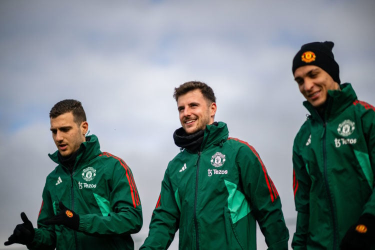 (EXCLUSIVE COVERAGE) Diogo Dalot, Mason Mount, Antony of Manchester United in action during a first team training session at Carrington Training Gr...