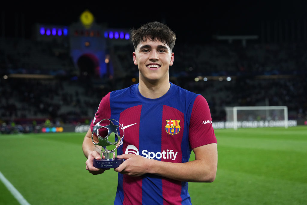 Pau Cubarsi of FC Barcelona poses for a photo after being awarded as the PlayStation Player of the Match at full-time following the team's victory ...