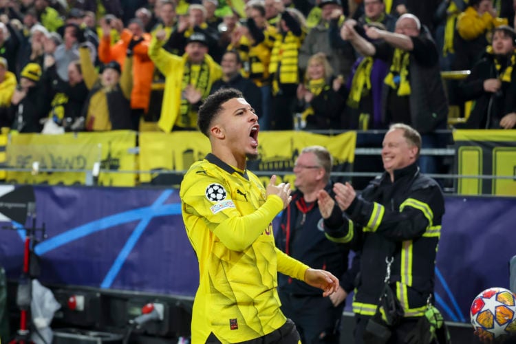 Jadon Sancho of Borussia Dortmund celebrates after scoring his teams first goal during the UEFA Champions League 2023/24 round of 16 second leg mat...