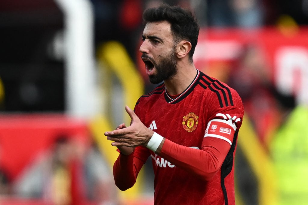 Manchester United's Portuguese midfielder #08 Bruno Fernandes gestures during the English FA Cup Quarter Final football match between Manchester Un...