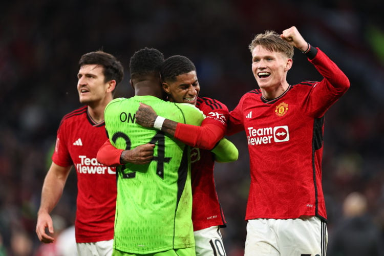 Andre Onana, Harry Maguire, Marcus Rashford and Scott McTominay of Manchester United celebrating the victory during the Emirates FA Cup Quarter Fin...