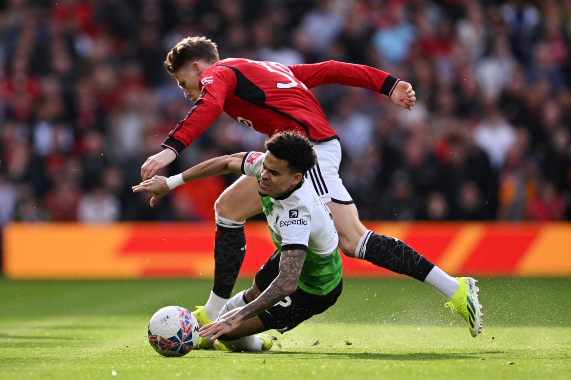 Luis Diaz of Liverpool is fouled by Scott McTominay of Manchester United during the Emirates FA Cup Quarter Final between Manchester United and Liv...