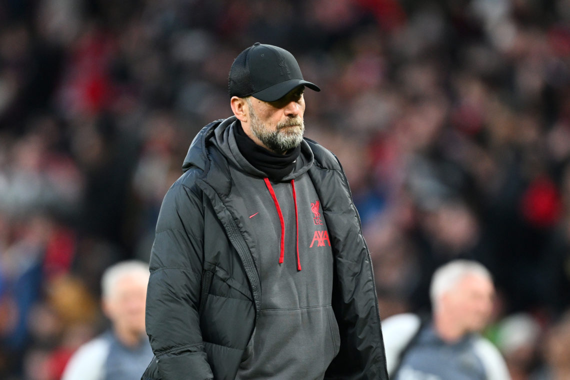 Jurgen Klopp, Manager of Liverpool, looks dejected after defeat to Manchester United during the Emirates FA Cup Quarter Final between Manchester Un...