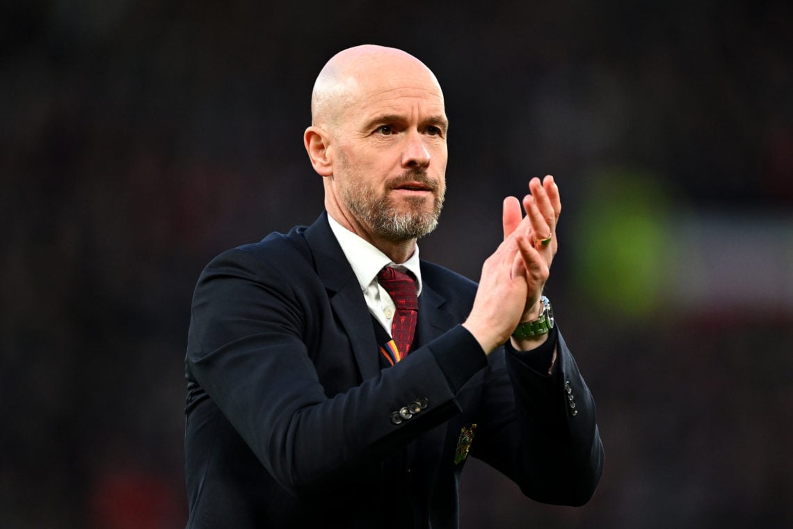 Erik ten Hag, Manager of Manchester United, applauds the fans after the Emirates FA Cup Quarter Final between Manchester United and Liverpool FC at...