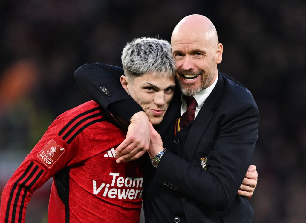 Alejandro Garnacho of Manchester United is embraced by Erik ten Hag, Manager of Manchester United, after the Emirates FA Cup Quarter Final between ...